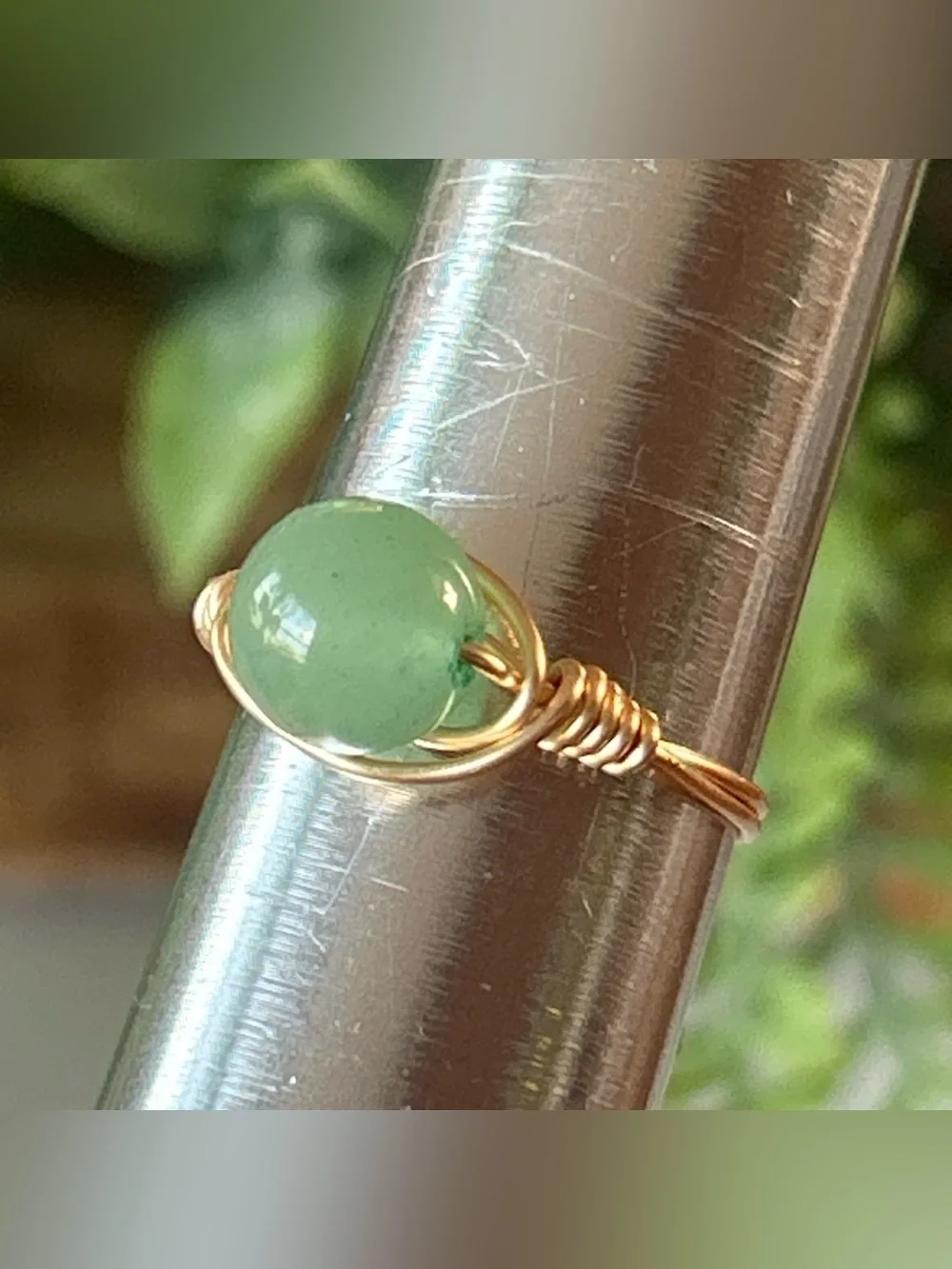 Handcrafted gold tone green aventurine wire wrapped crystal ring - size 8